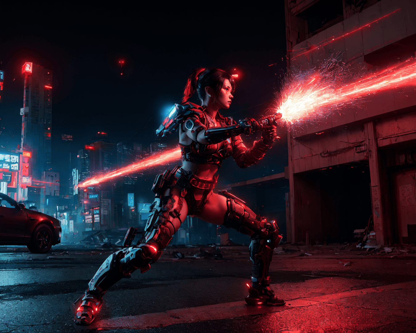 AI generated wallpaper featuring cyborg, woman, gun