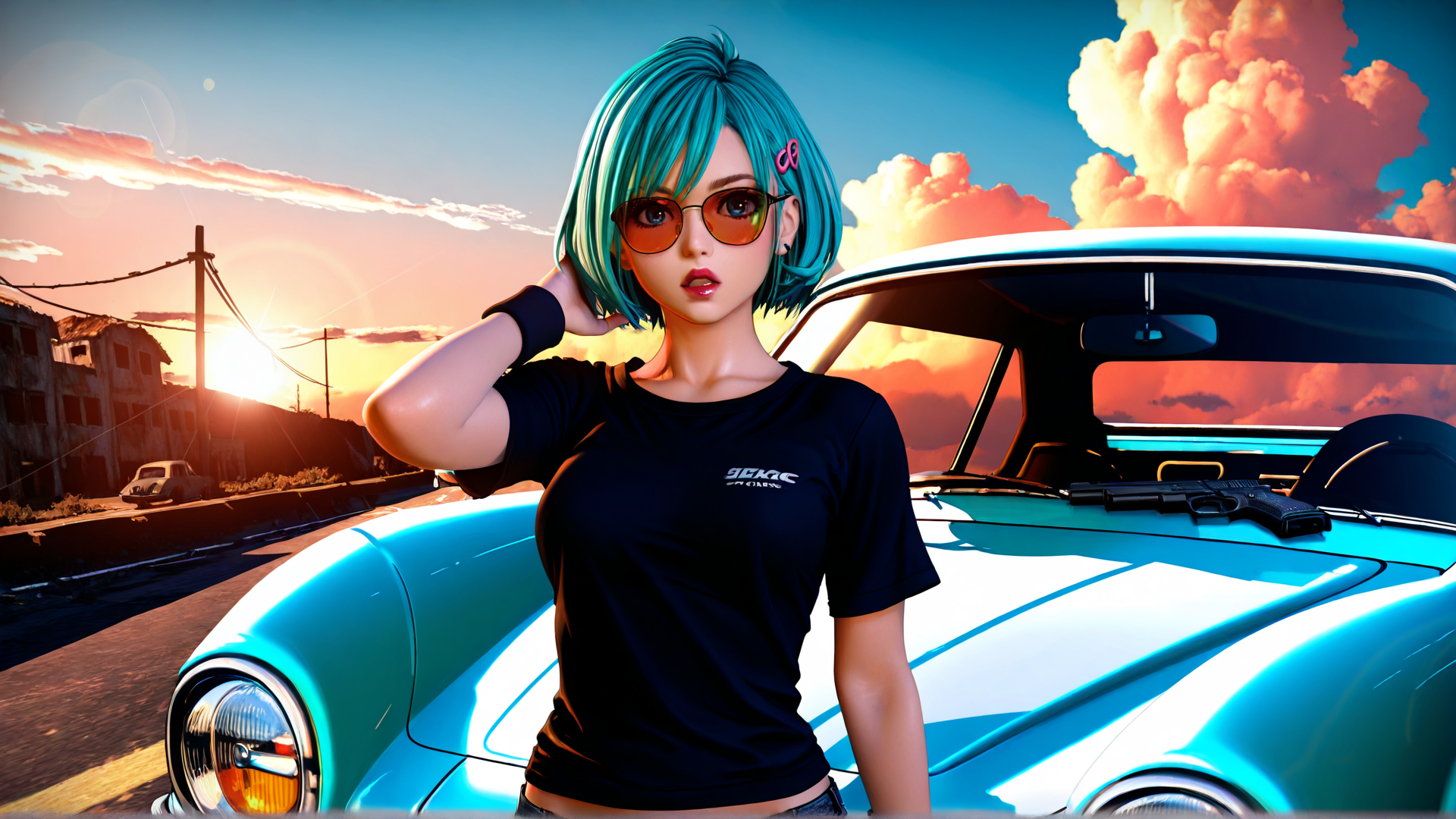 AI generated wallpaper featuring woman, car, sunglasses, gun, clouds, sun