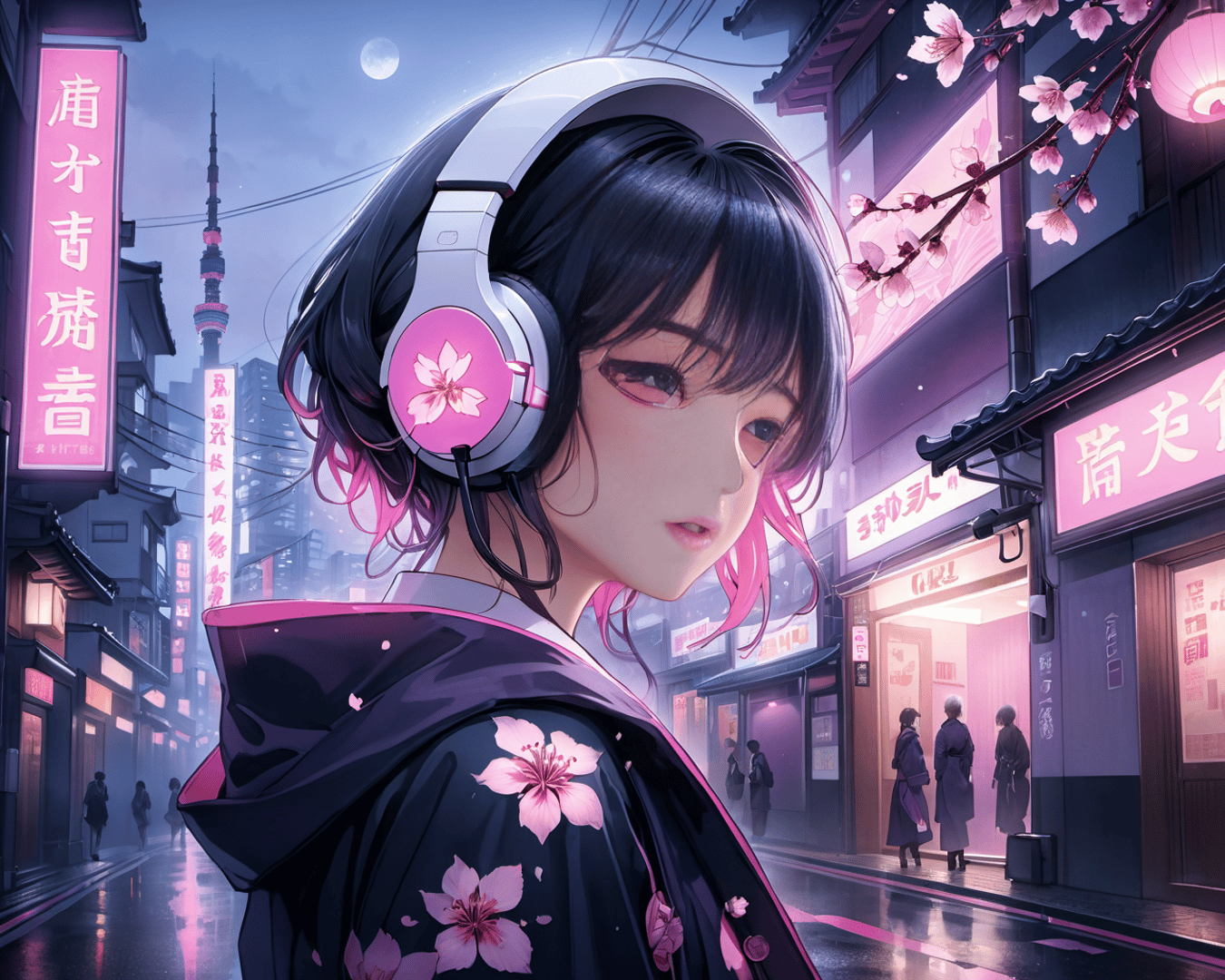 AI generated wallpaper featuring girl, headphones, kimono