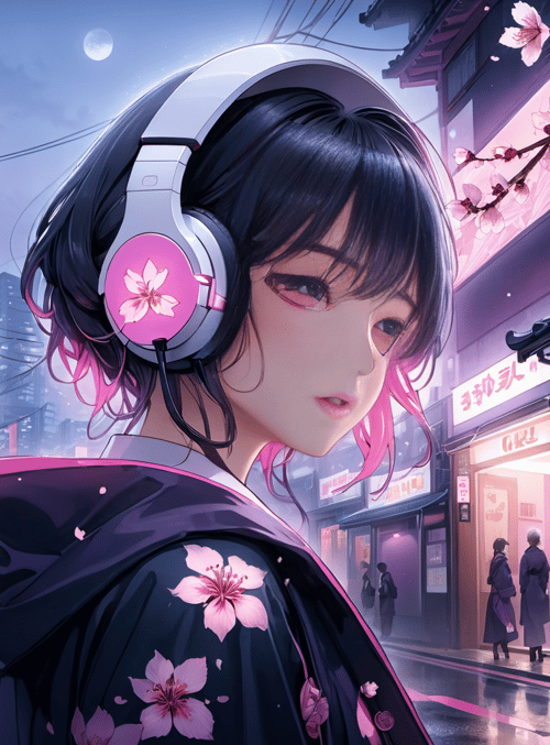 girl, headphones, kimono
