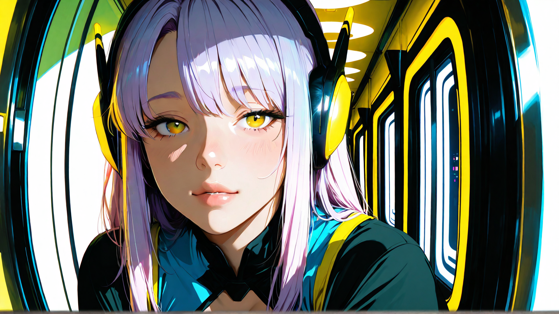 AI generated wallpaper featuring woman, headphones, train, anime