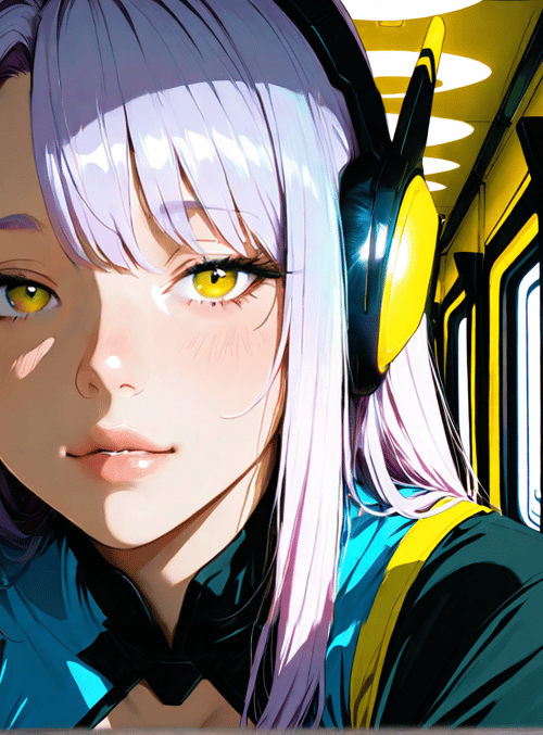 woman, headphones, train, anime