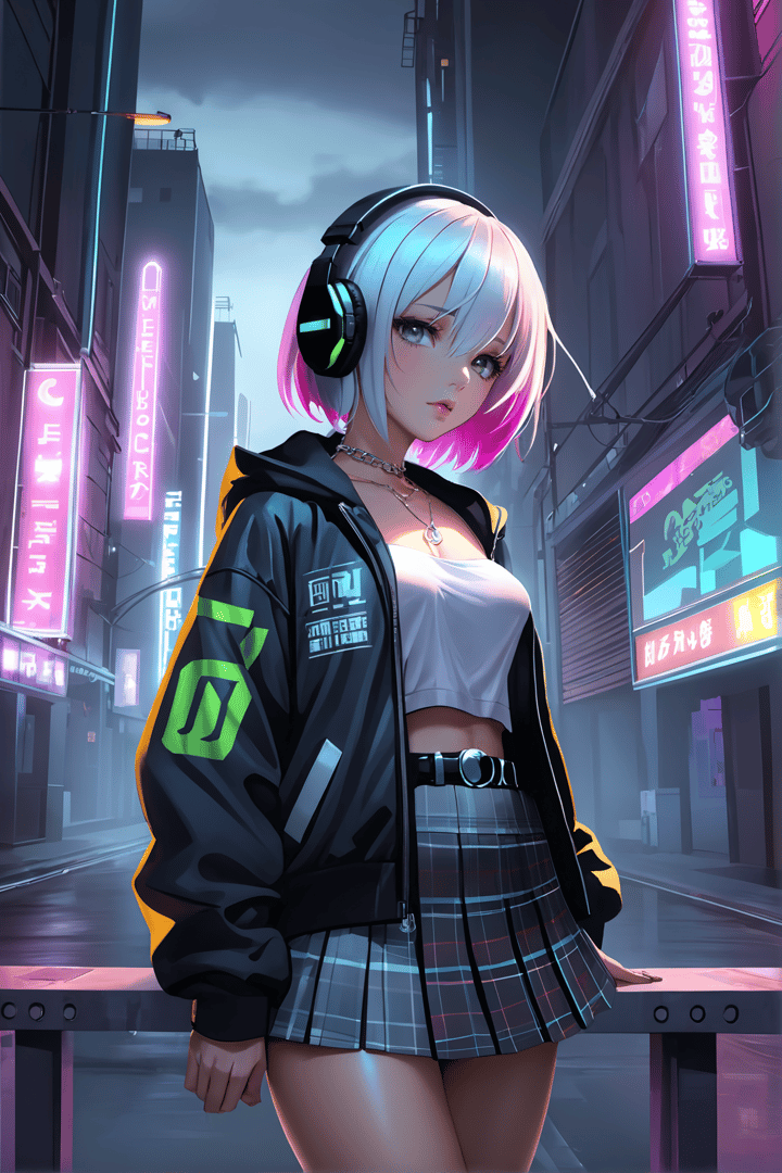 AI generated wallpaper featuring girl, headphones, jacket, skirt, cityscape, neon signs, anime, cyberpunk, urban, street