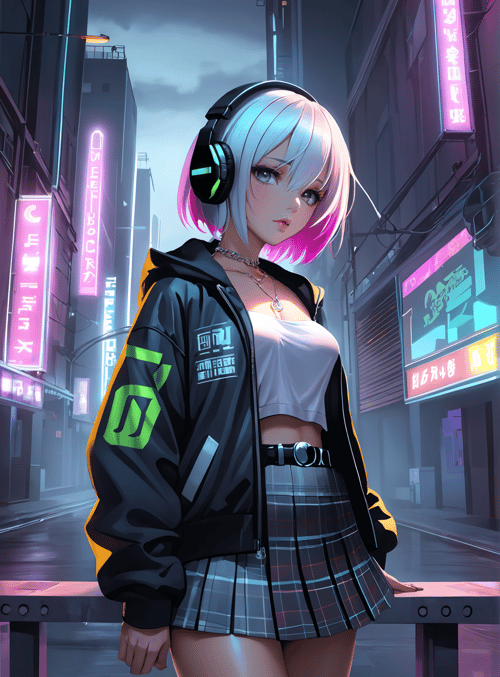 girl, headphones, jacket, skirt, cityscape, neon signs, anime, cyberpunk, urban, street