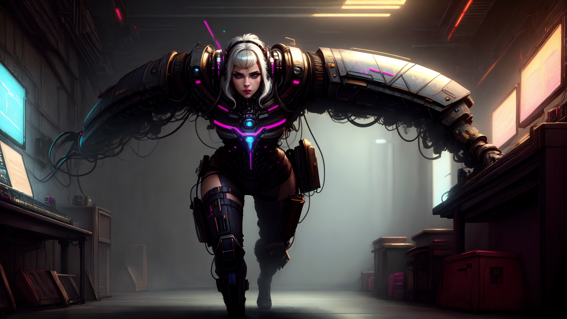 AI generated wallpaper featuring cyborg, woman, arm, computer, screen, gears, neon, robot, armor, helmet