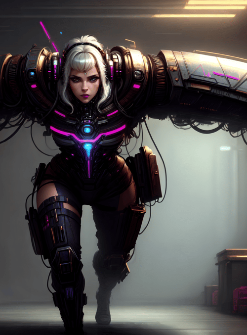 cyborg, woman, arm, computer, screen, gears, neon, robot, armor, helmet