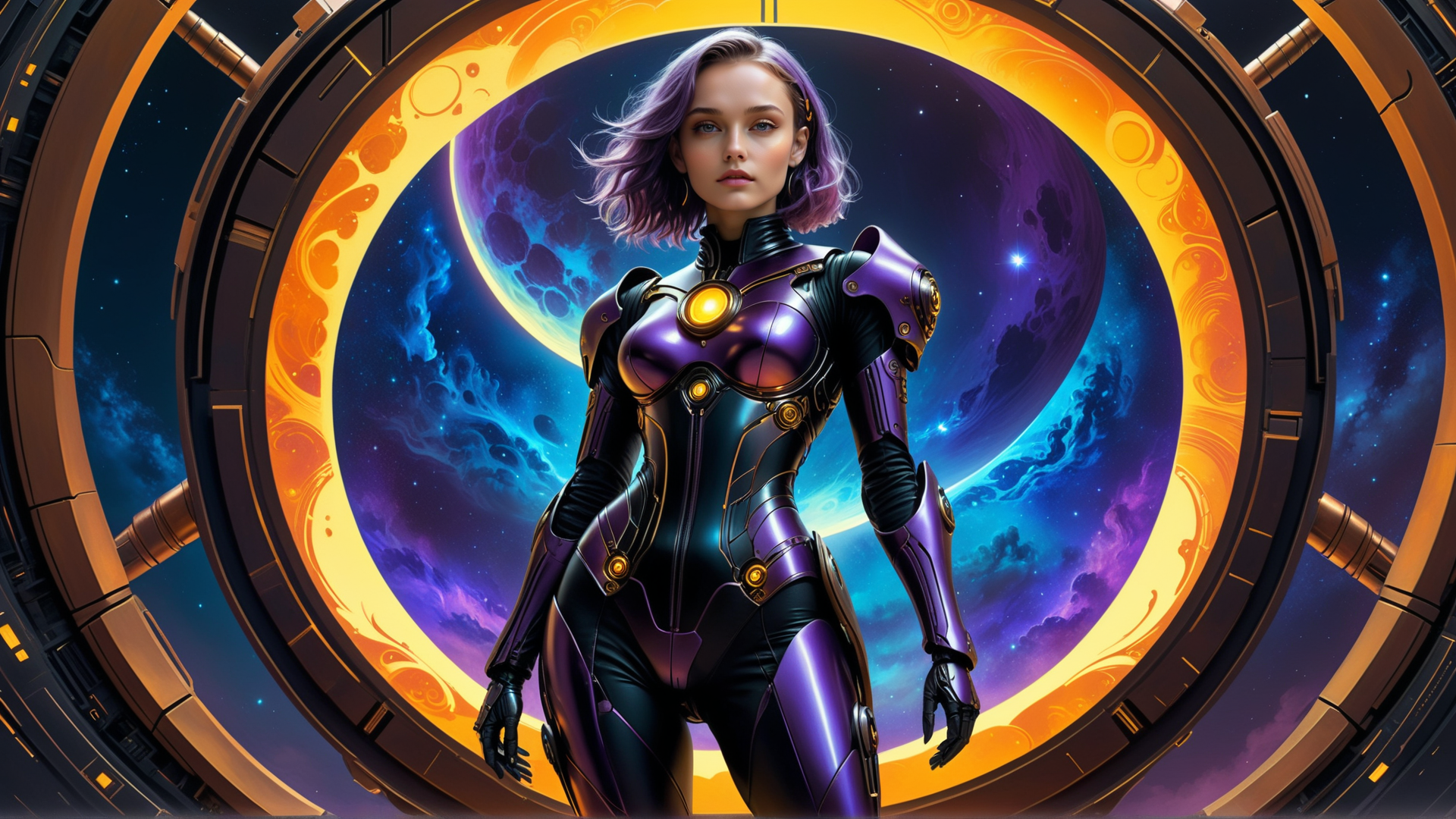 AI generated wallpaper featuring cyborg, space, woman, armor, alien, planet