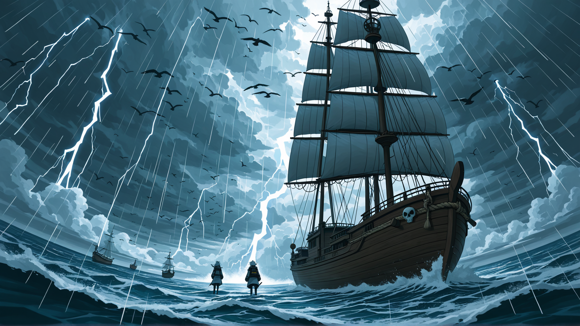 AI generated wallpaper featuring ship, sailors, seagulls