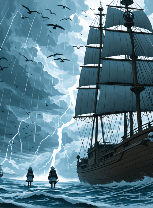 ship, sailors, seagulls