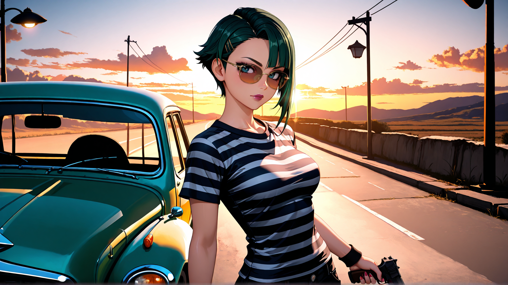 AI generated wallpaper featuring woman, car, gun, streetlight, sunset, mountains, road, glasses, hair, striped shirt