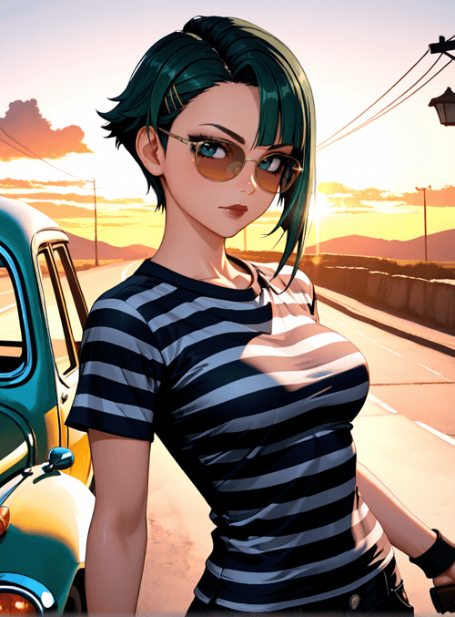 woman, car, gun, streetlight, sunset, mountains, road, glasses, hair, striped shirt