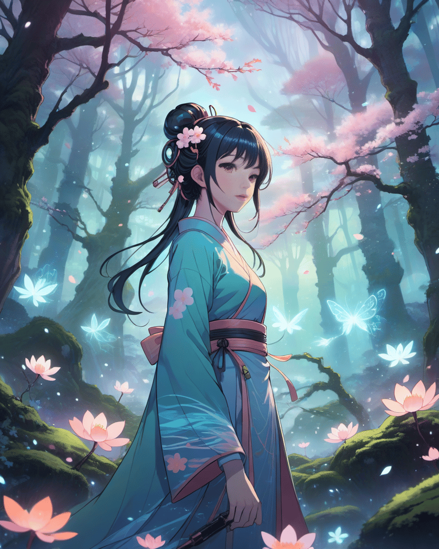 AI generated wallpaper featuring woman, butterfly, lotus
