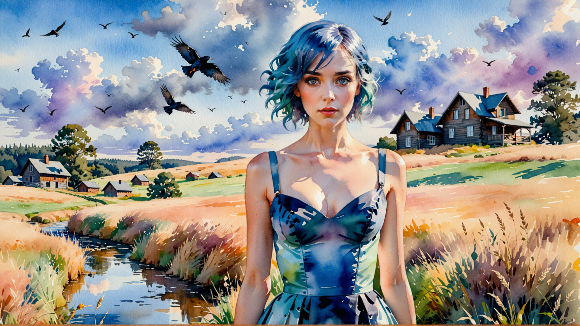 AI generated wallpaper featuring woman, birds, house, river, field, trees