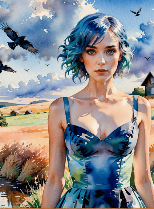 woman, birds, house, river, field, trees