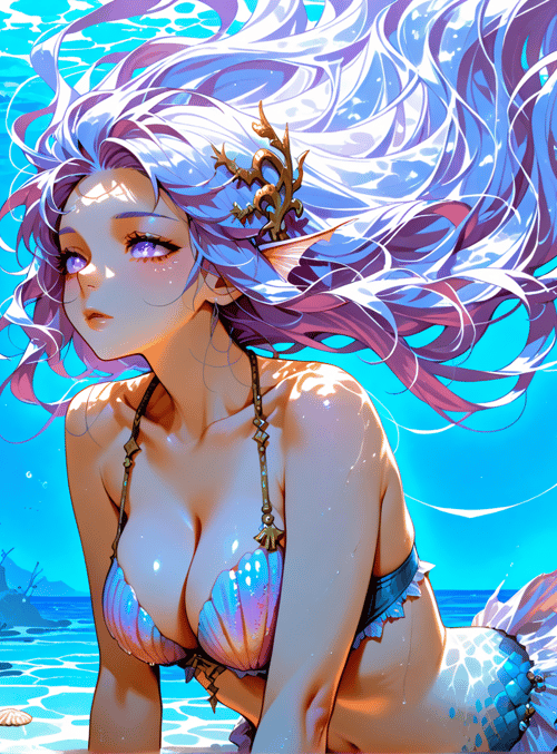 mermaid, seaweed, coral, bubbles, sunlight, fish, shells, tail, hair, sun
