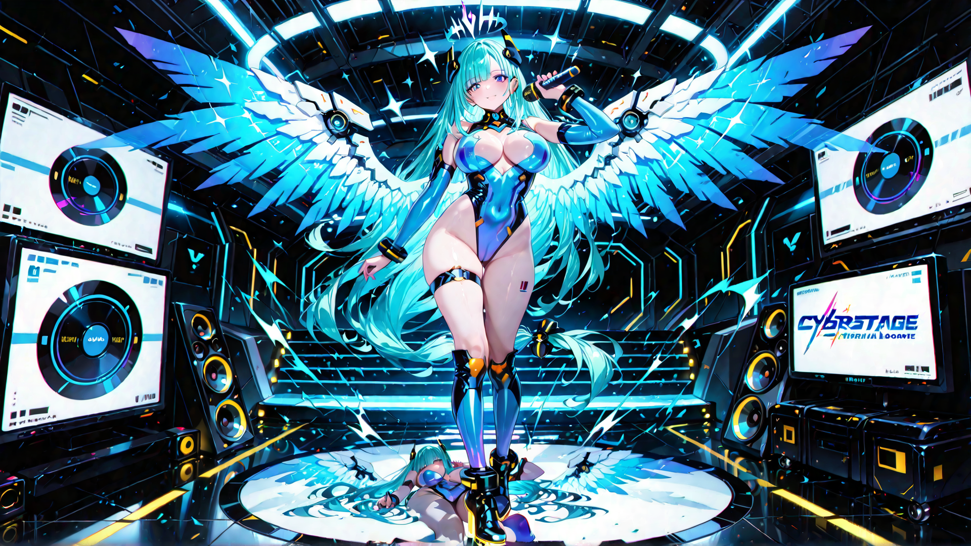 AI generated wallpaper featuring cyberpunk, anime character, angel wings