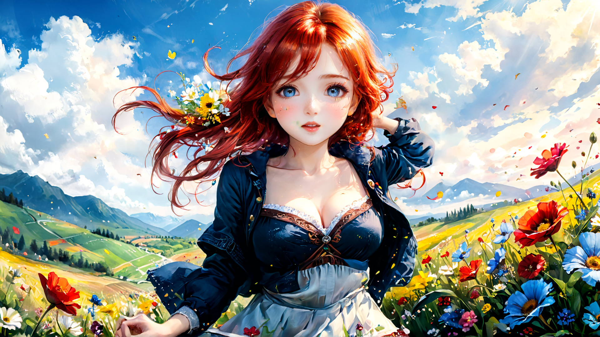 AI generated wallpaper featuring girl, flowers, landscape