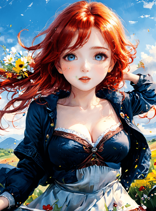 girl, flowers, landscape