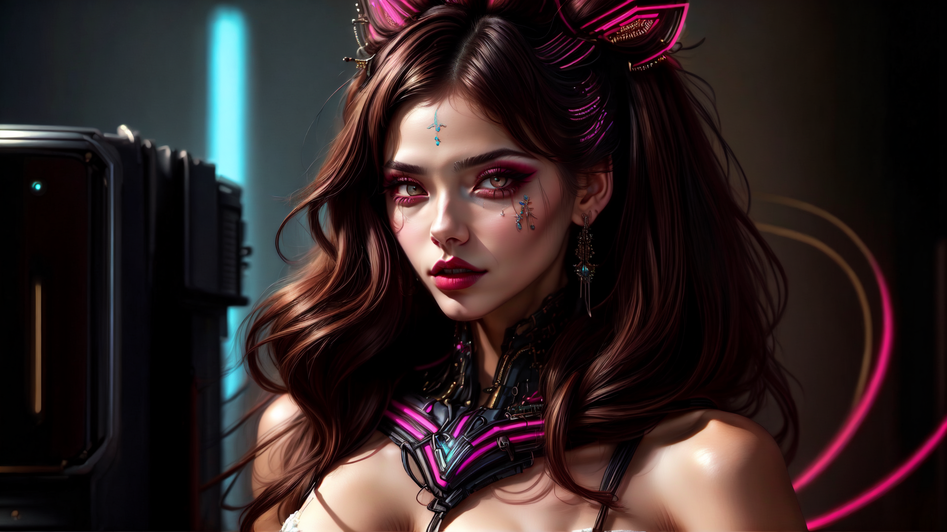AI generated wallpaper featuring woman, cyberpunk, cat ears, neon, goggles