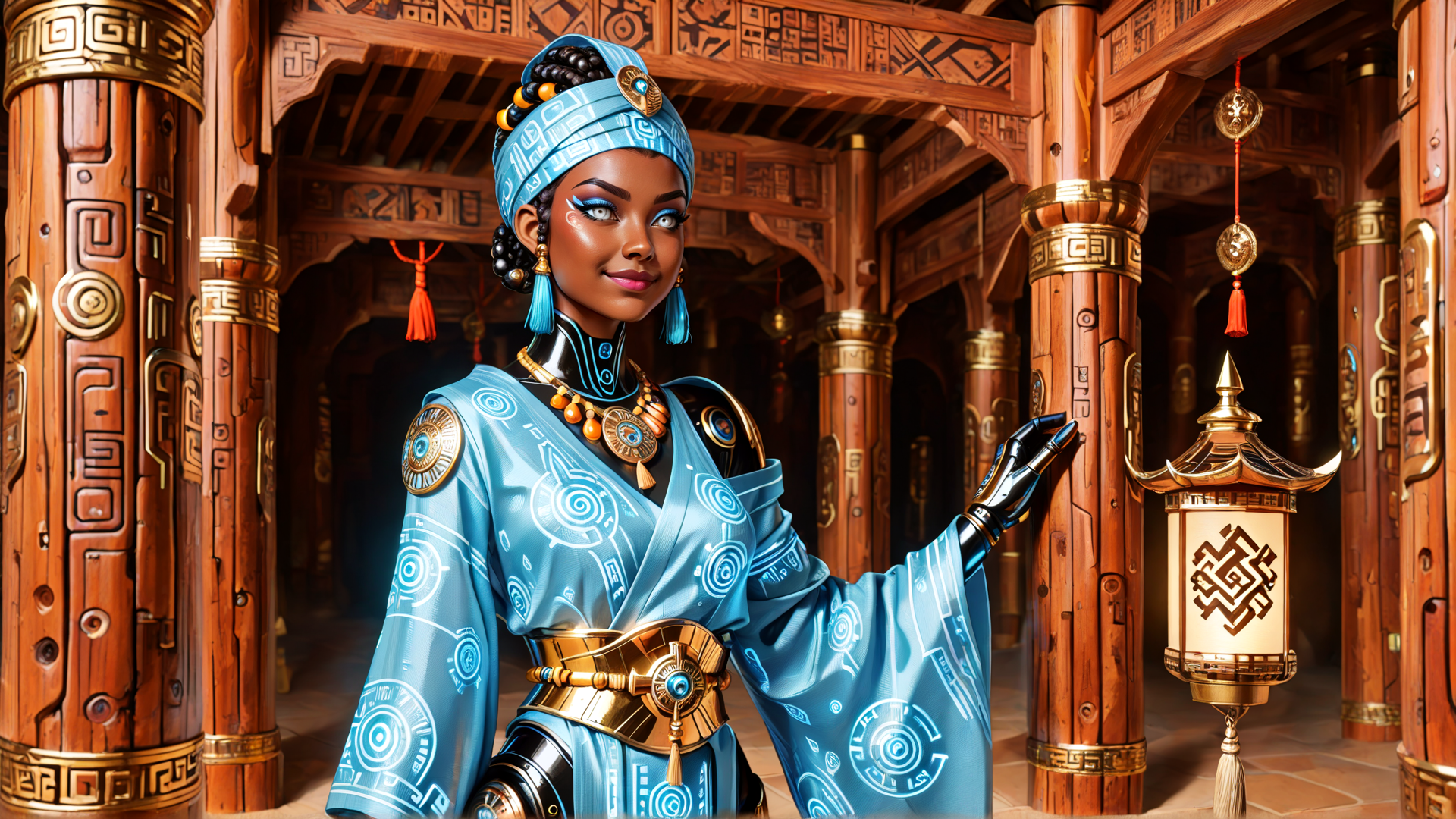 AI generated wallpaper featuring woman, robot, ancient, architecture, lantern, column, ornament, jewelry, clothing, gloved