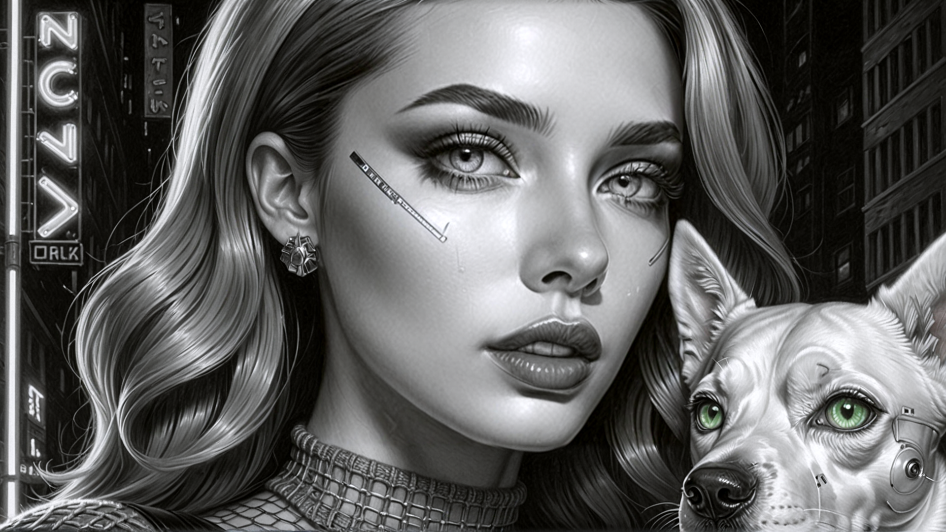 AI generated wallpaper featuring woman, dog, city, neon sign