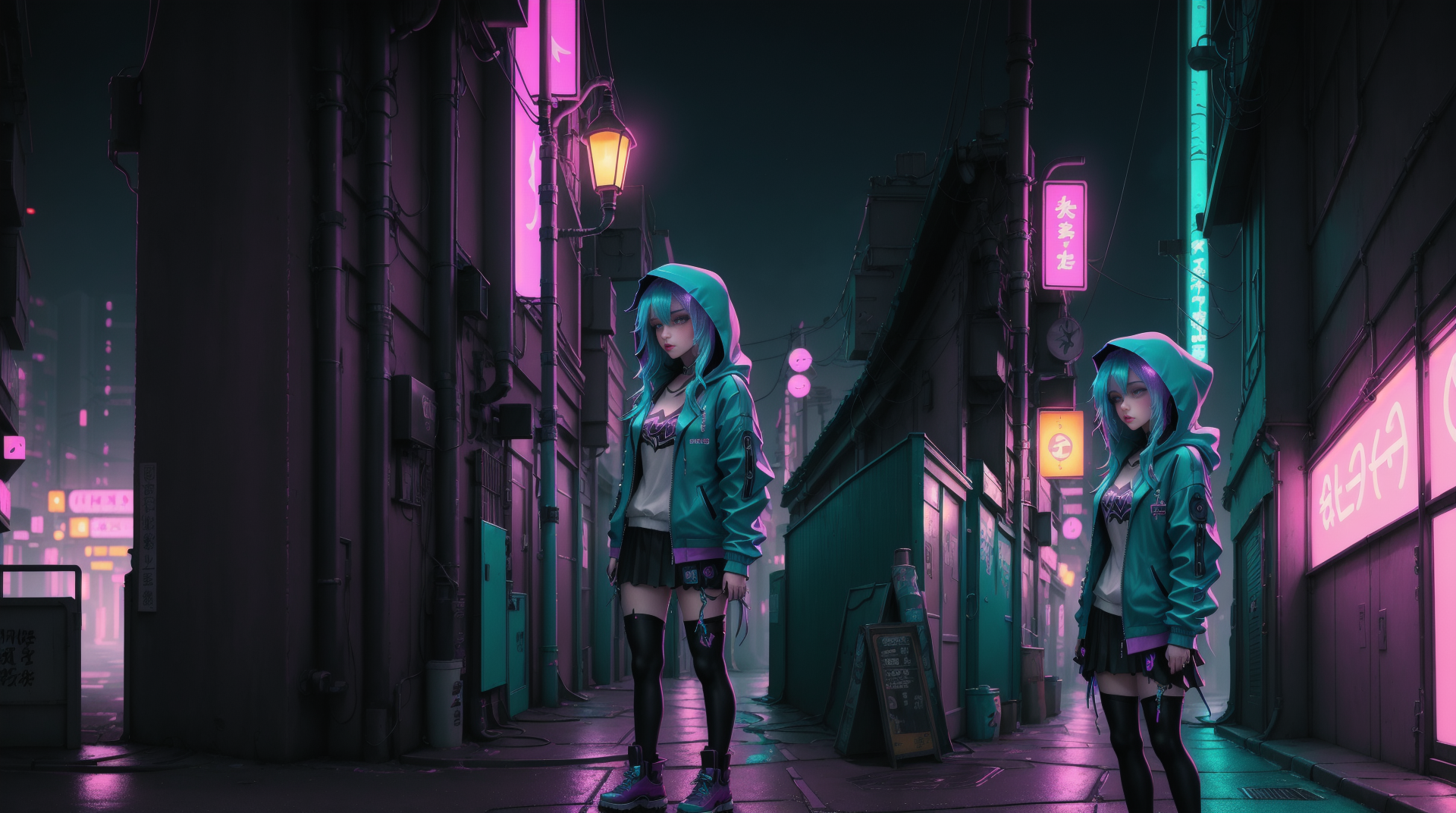 AI generated wallpaper featuring girls, street, neon