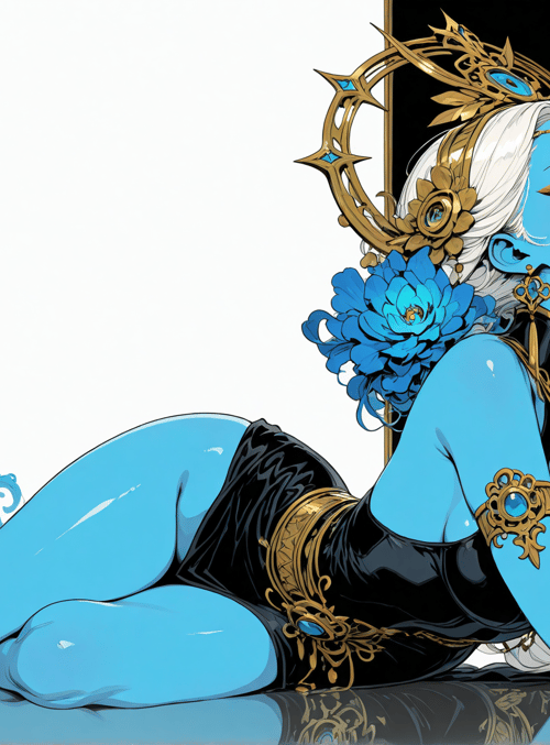blue-skinned woman, deer, flower