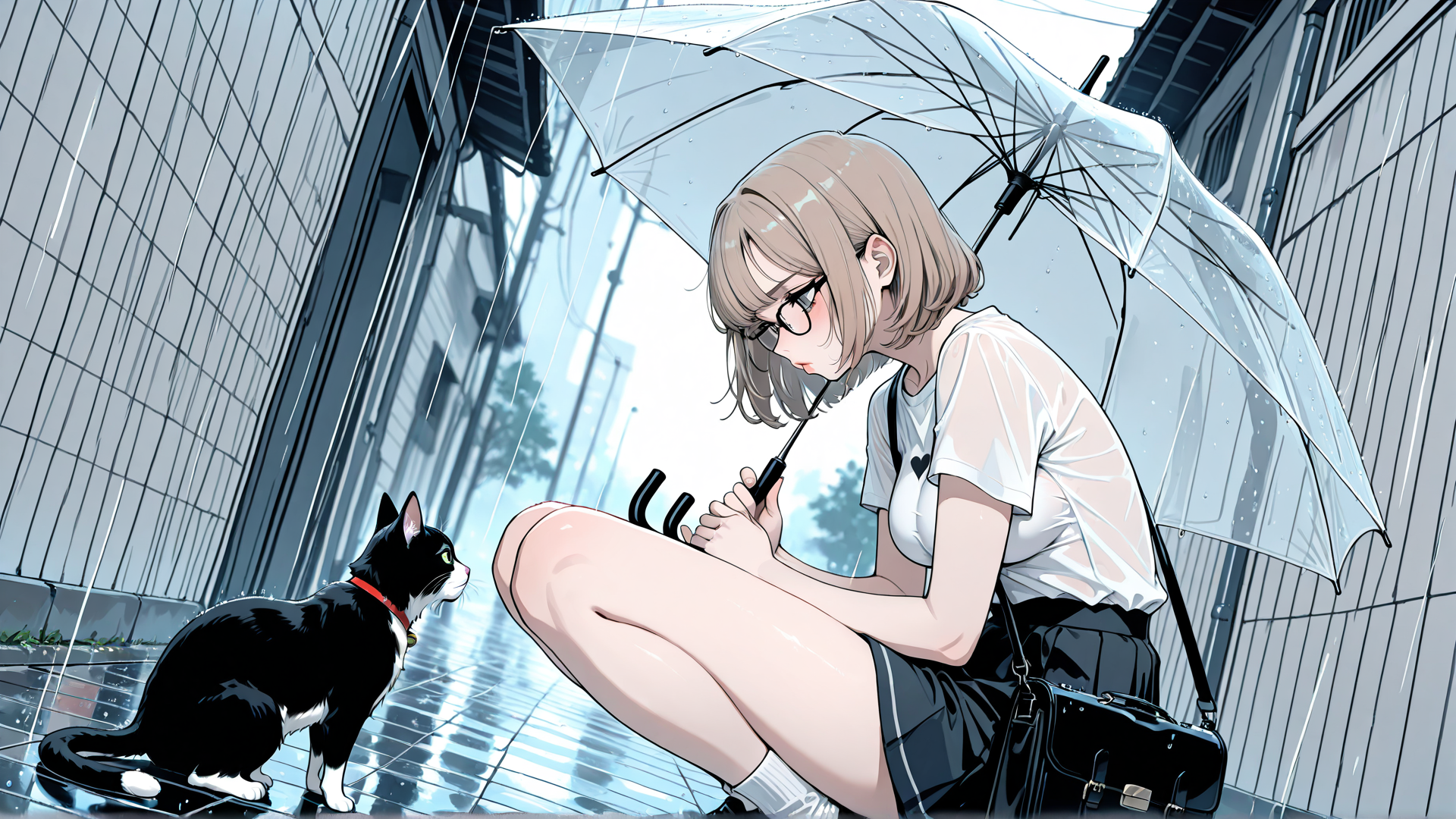 AI generated wallpaper featuring girl, cat, umbrella, rain, street, glasses