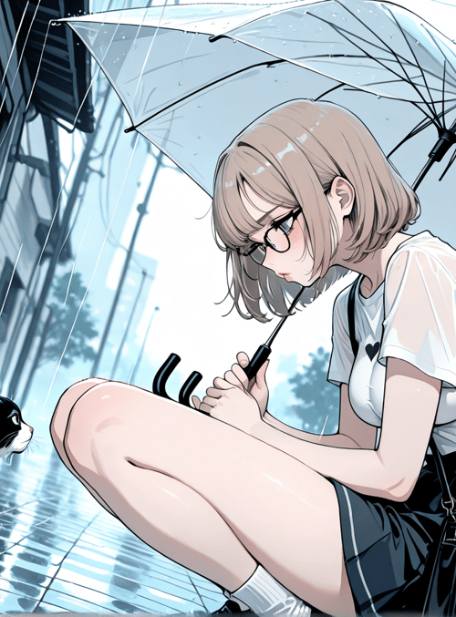 girl, cat, umbrella, rain, street, glasses