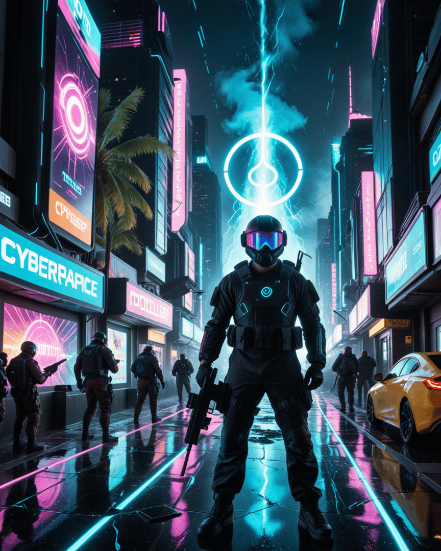 AI generated wallpaper featuring soldier, cyberpunk, city