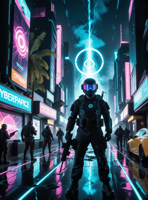 soldier, cyberpunk, city