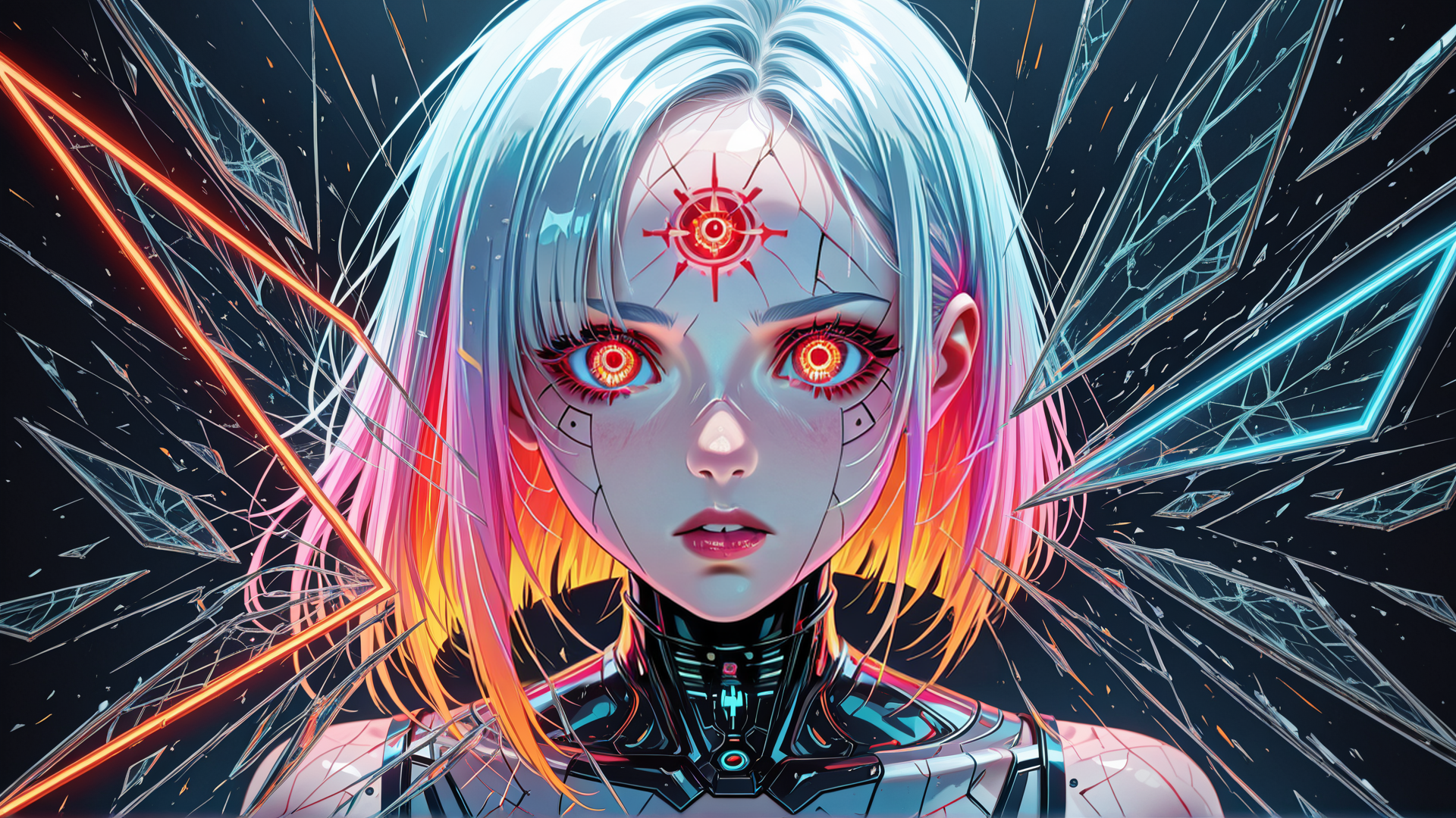 AI generated wallpaper featuring cyborg, robot, anime character, futuristic, mechanical, neon, glowing, fragmented, surreal, digital