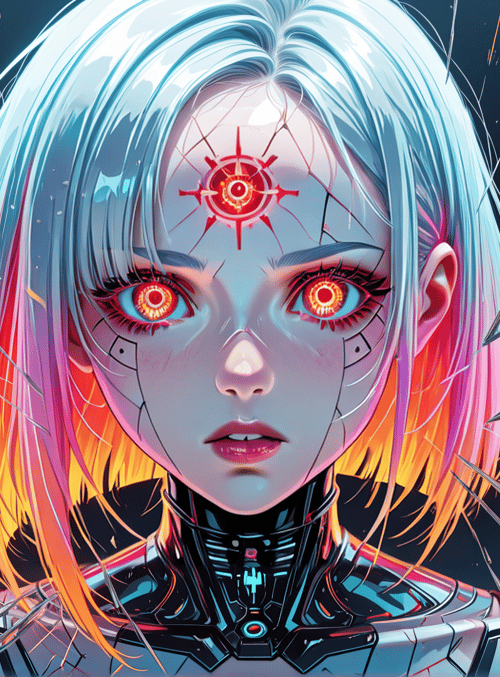 cyborg, robot, anime character, futuristic, mechanical, neon, glowing, fragmented, surreal, digital