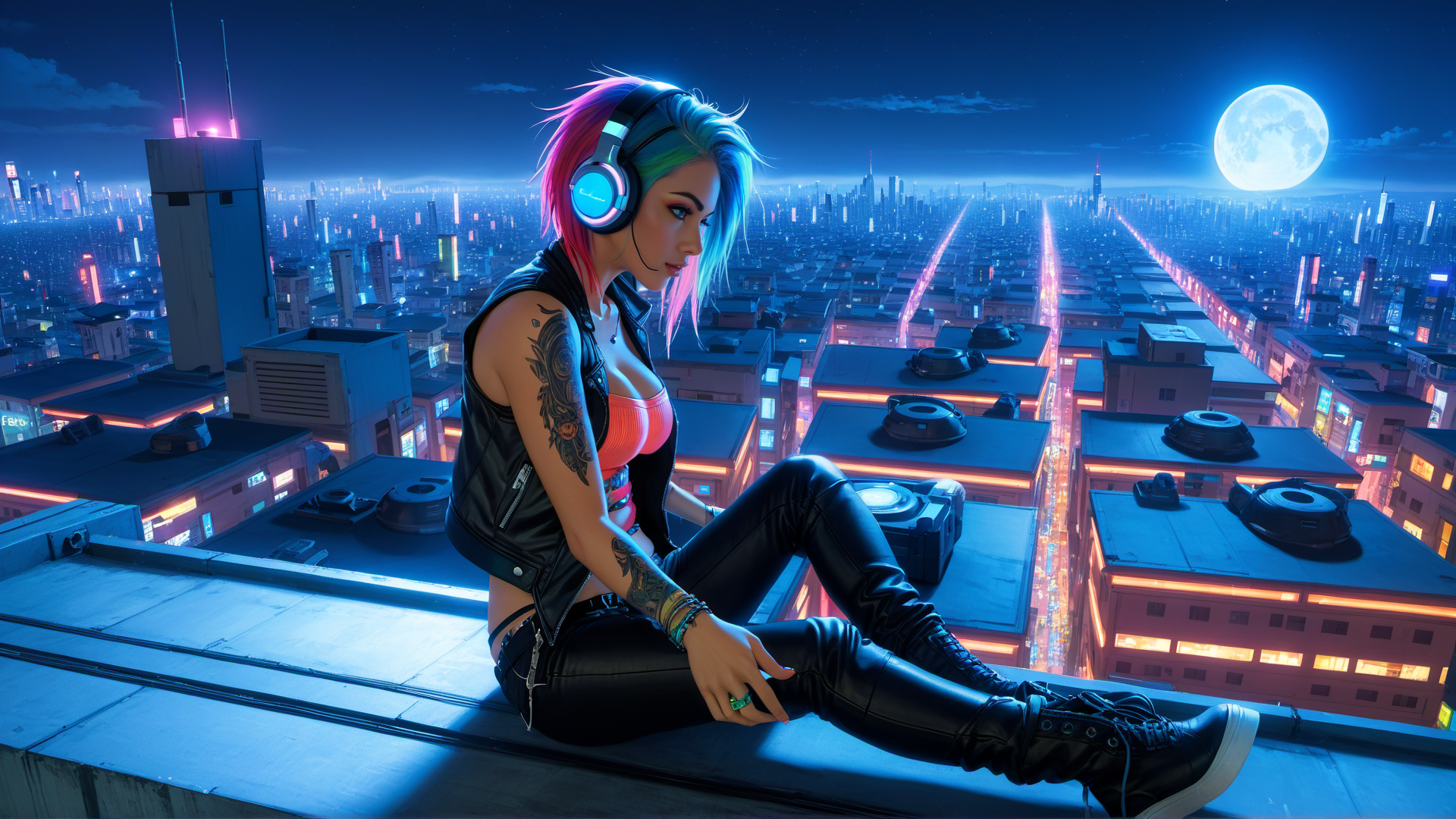 AI generated wallpaper featuring woman, cityscape, headphones
