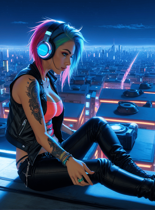 woman, cityscape, headphones