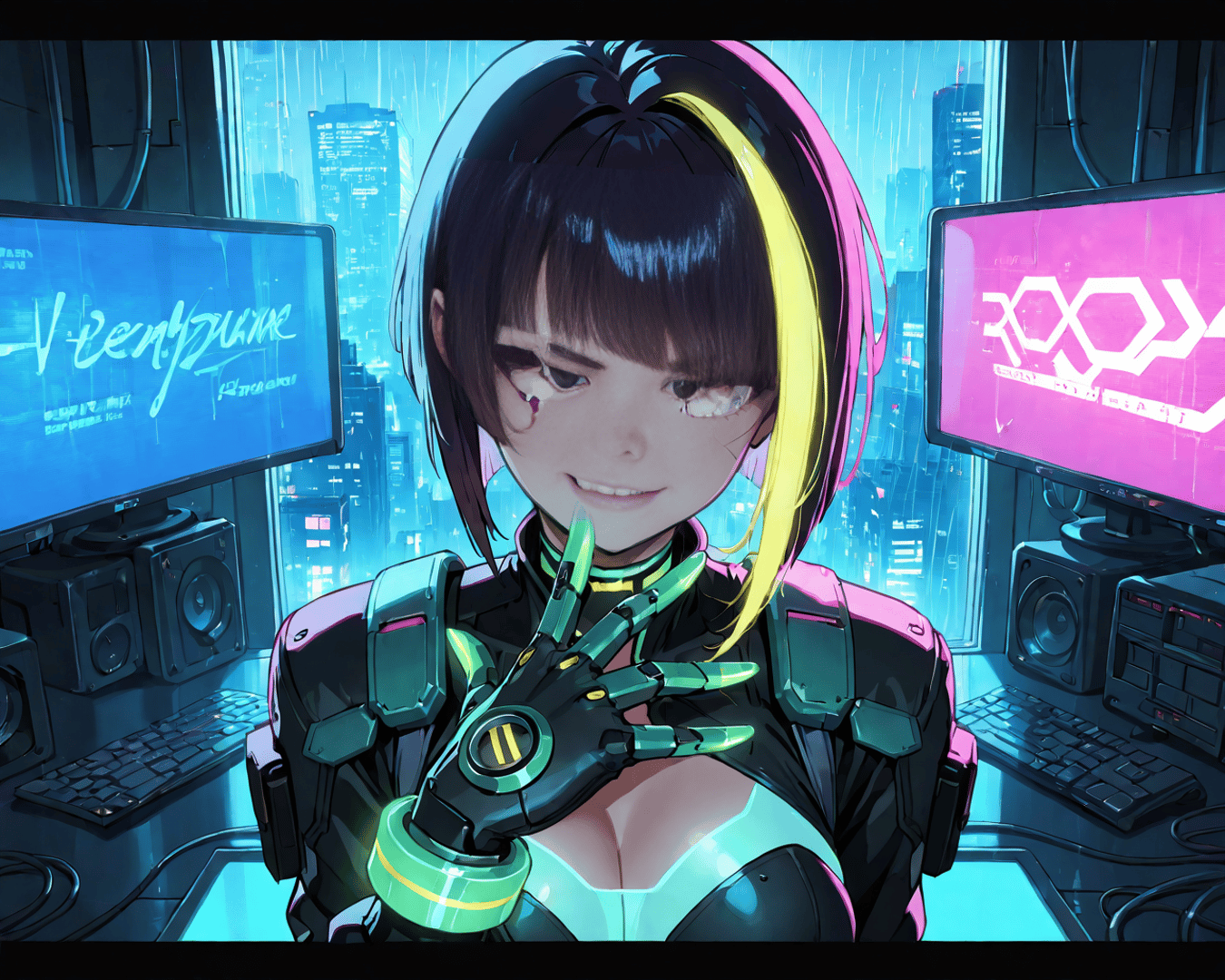 AI generated wallpaper featuring cyborg, girl, gamer