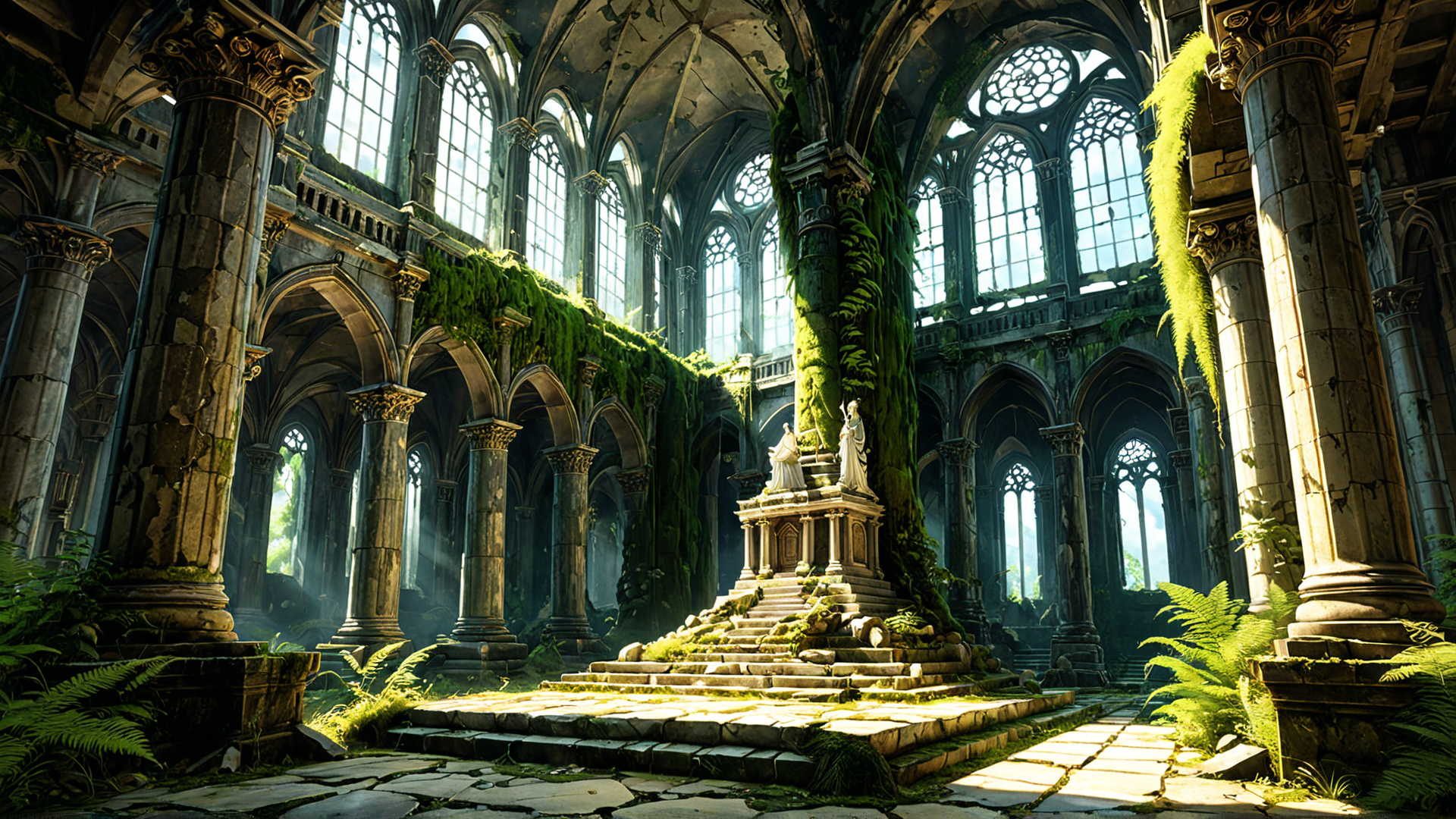 AI generated wallpaper featuring cathedral, columns, statues, moss, arches, stained glass, ferns, stone, ruins, sunlight
