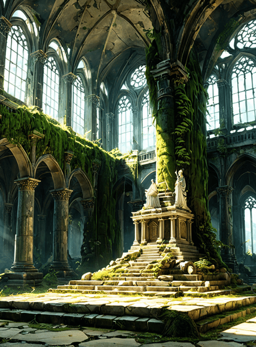 cathedral, columns, statues, moss, arches, stained glass, ferns, stone, ruins, sunlight