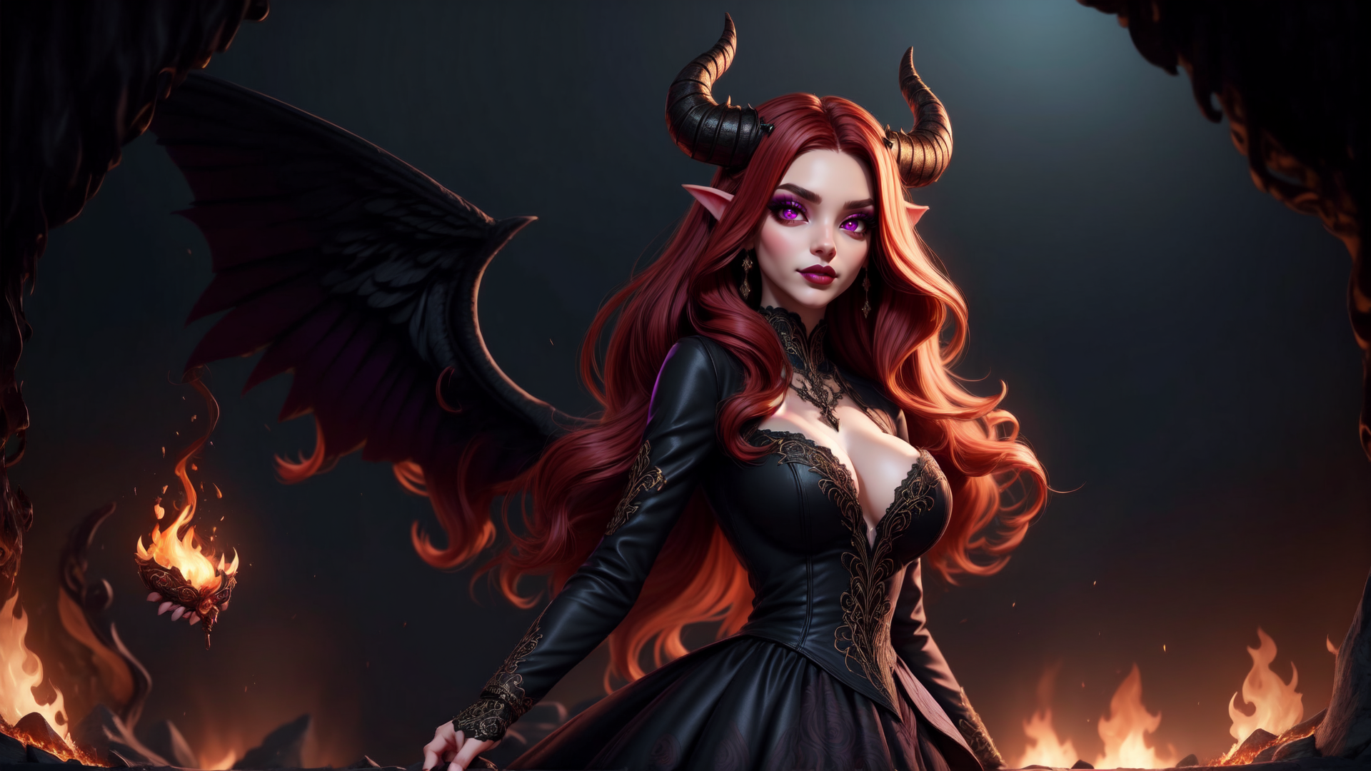 AI generated wallpaper featuring devil, woman, wing, horn, fire