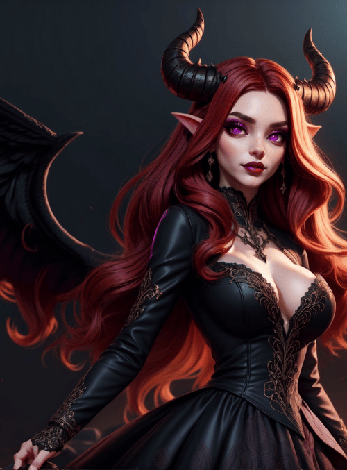 devil, woman, wing, horn, fire