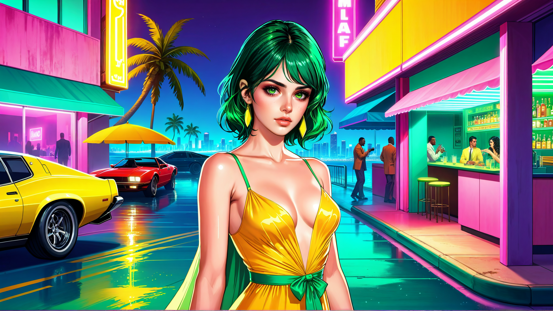 AI generated wallpaper featuring woman, cars, bar