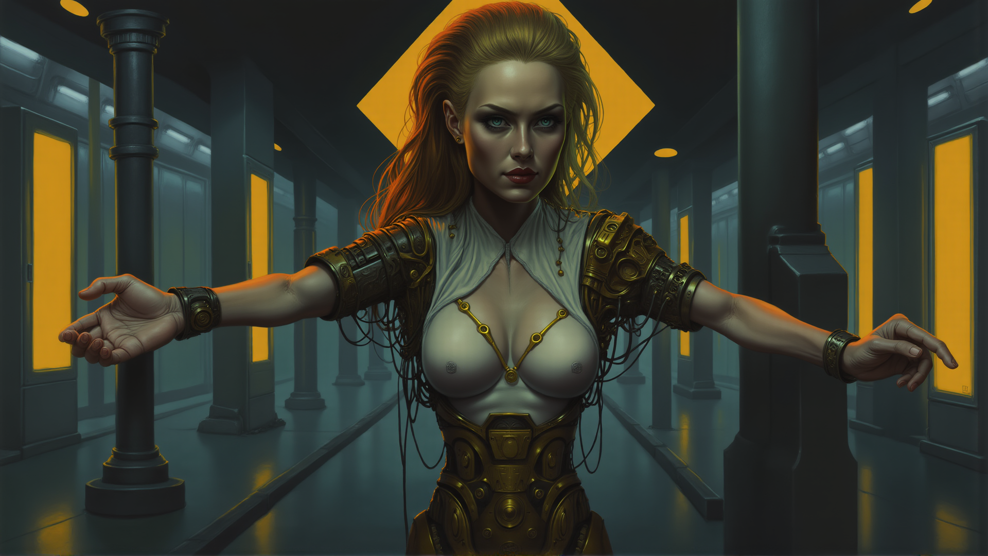 AI generated wallpaper featuring woman, cyborg, armor, corridor, columns, gloves, necklace, bracelets, hair, door