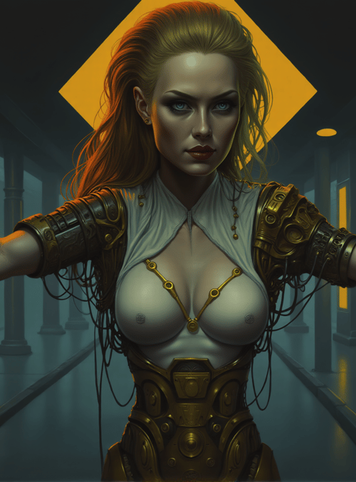 woman, cyborg, armor, corridor, columns, gloves, necklace, bracelets, hair, door