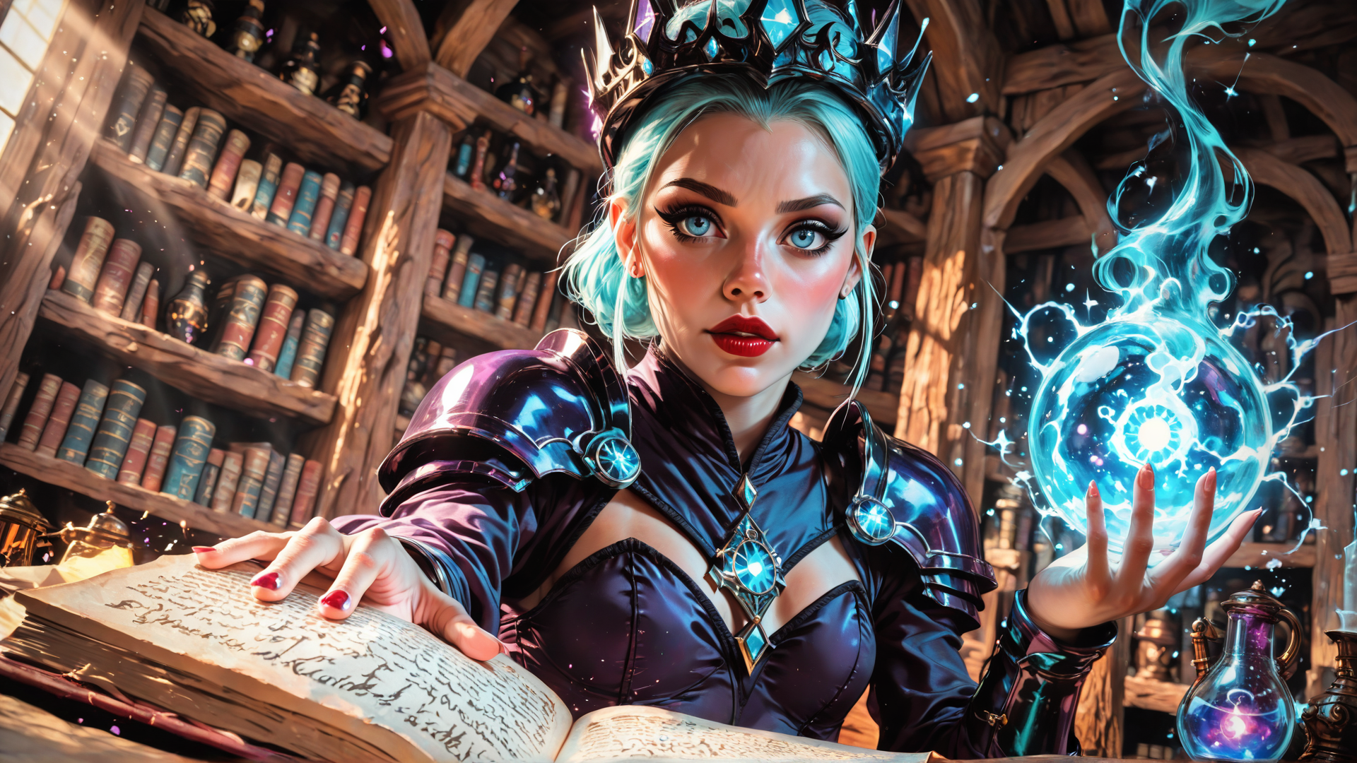 AI generated wallpaper featuring queen, mage, wizard, book, crystal, crown, armor, library, scroll, bottle