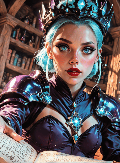queen, mage, wizard, book, crystal, crown, armor, library, scroll, bottle