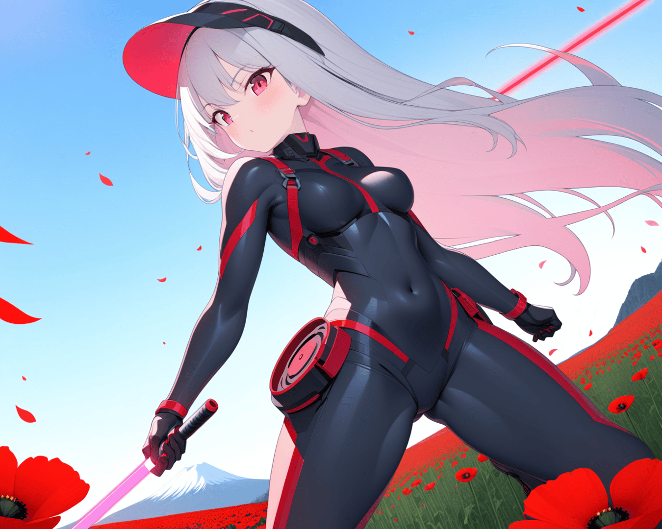 AI generated wallpaper featuring anime character, sword, poppy field