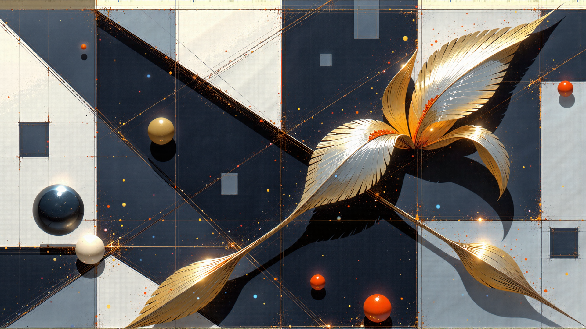 AI generated wallpaper featuring flower, spheres, geometric shapes, dots