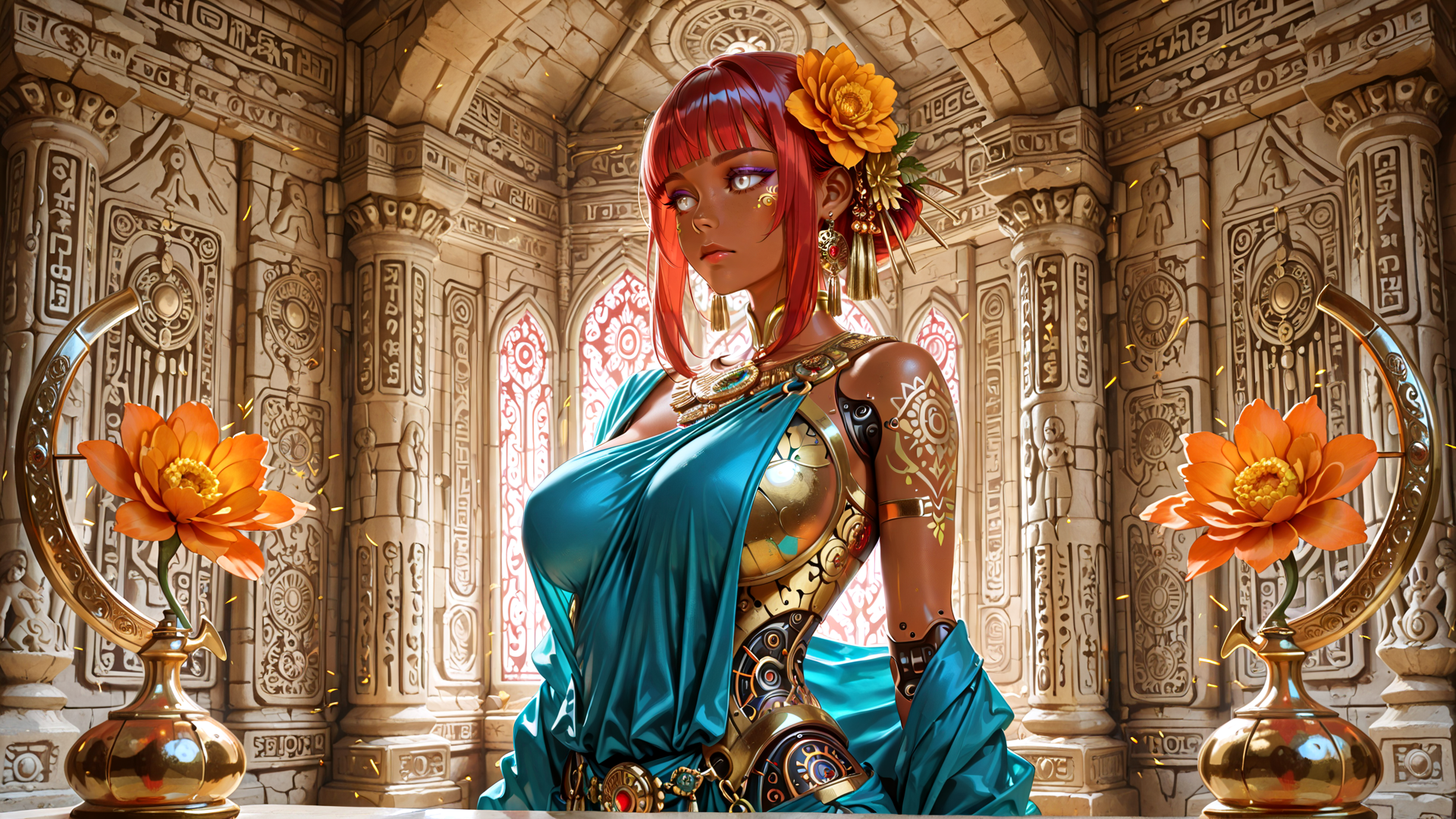 AI generated wallpaper featuring woman, ancient, mechanical, flower, goddess, armor, statue, sphinx, cylinder, column