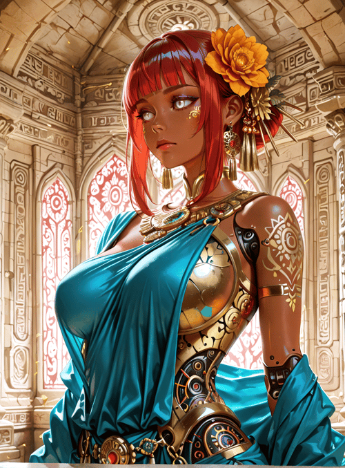 woman, ancient, mechanical, flower, goddess, armor, statue, sphinx, cylinder, column