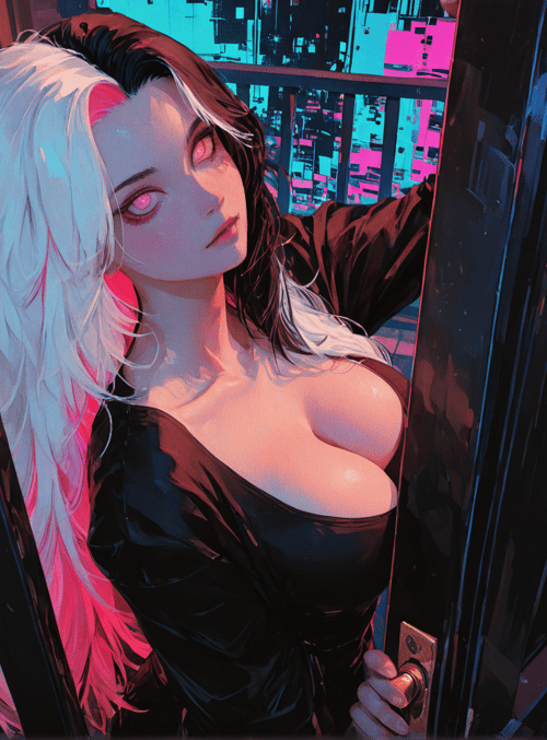 woman, cyberpunk, character, door, hair